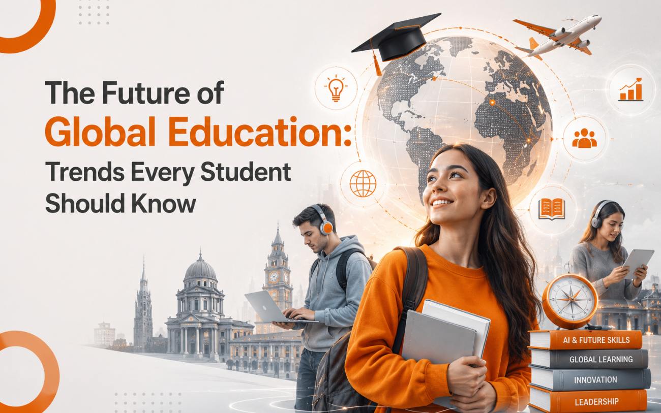 Future of global education with students using AI technology, digital learning tools, and global study opportunities.