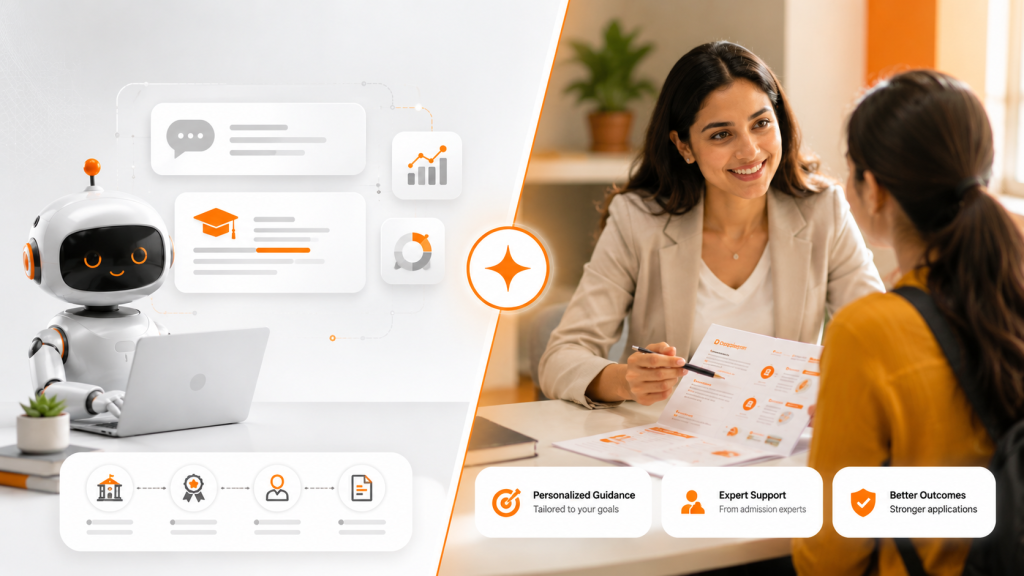 Split composition showing an AI chatbot providing university admission advice on one side and a professional admission counselor guiding a student on the other, emphasizing personalized human support over automated recommendations in a clean white and orange corporate design.
