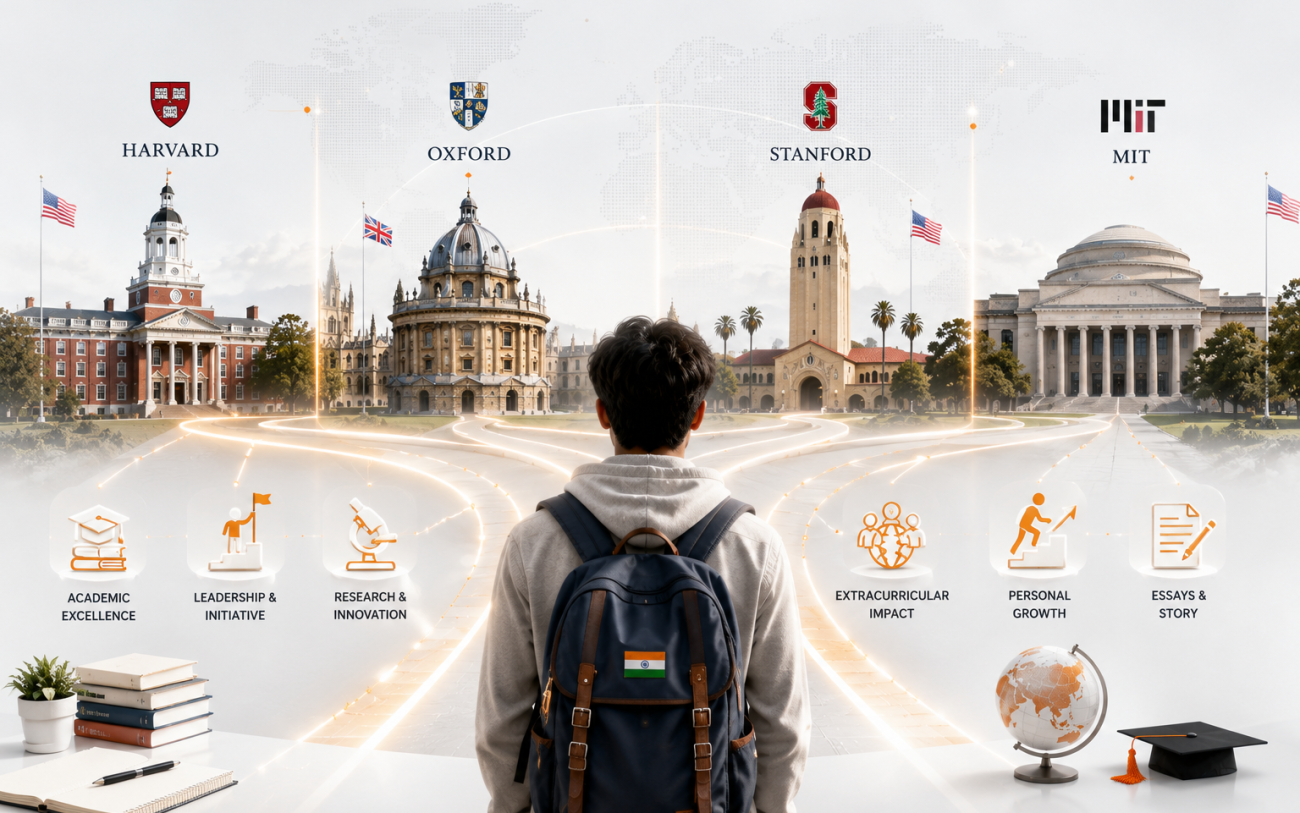 Indian student standing before pathways leading to Harvard, Oxford, Stanford, and MIT, surrounded by visual elements representing academic excellence, leadership, research, extracurricular activities, personal growth, and university admissions success.