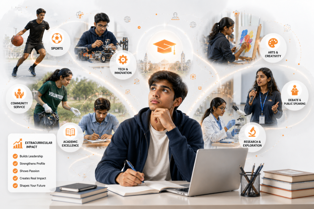 Indian student surrounded by extracurricular activities including sports, research, robotics, community service, public speaking, arts, and academic achievements, illustrating the importance of holistic profile development for top university admissions.