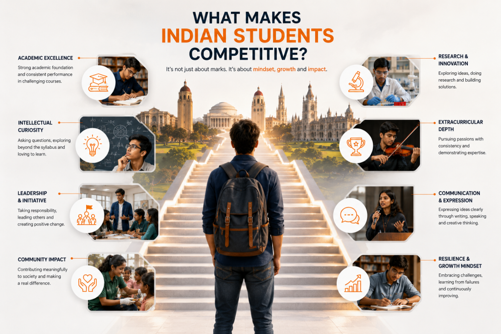 Indian student standing at the base of a pathway leading toward world-class universities, surrounded by symbols of leadership, research, innovation, extracurricular activities, communication skills, academic excellence, and community engagement.