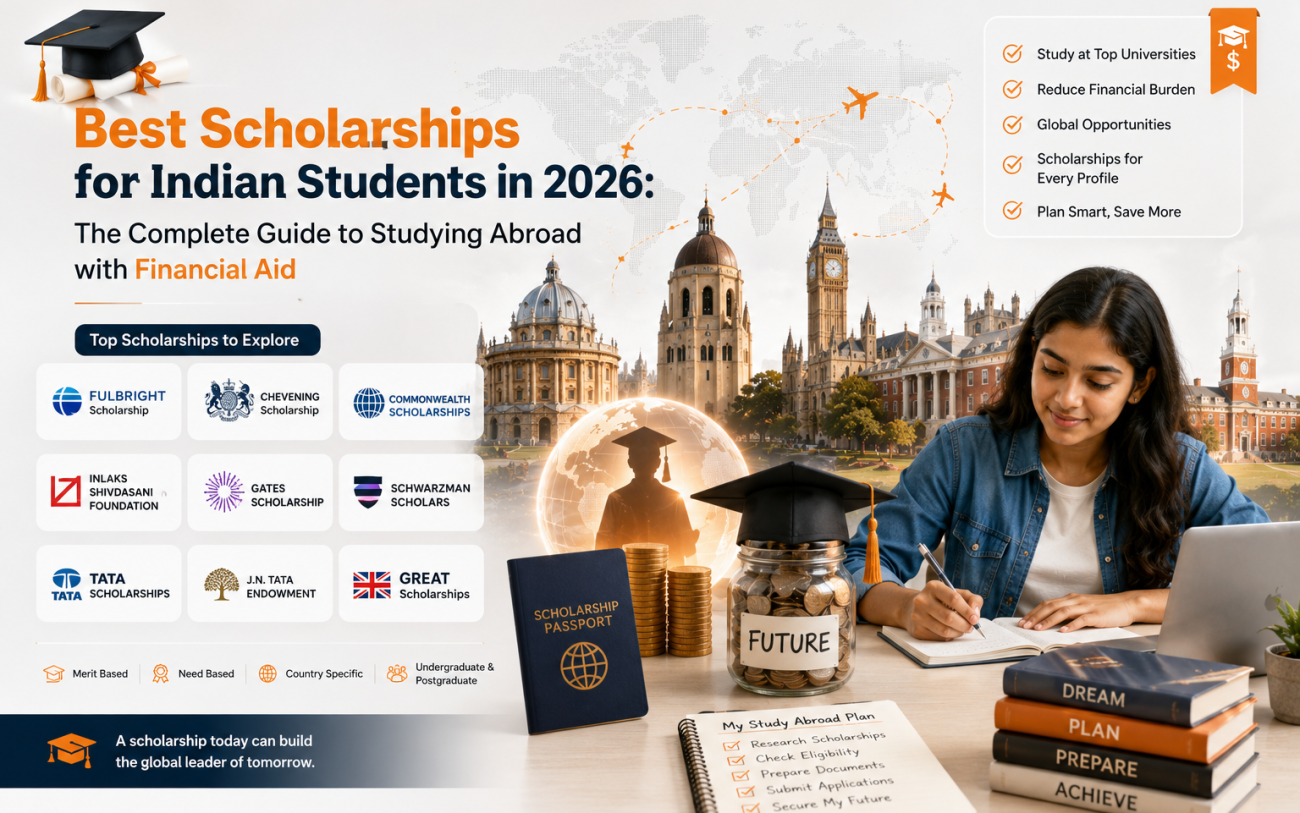 Indian student planning to study abroad with scholarship resources, passport, graduation cap, financial aid symbols, and iconic international university landmarks representing global scholarship opportunities for Indian students.