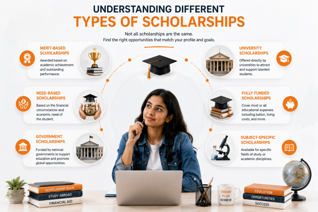 Illustration of an Indian student exploring different scholarship types, including merit-based, need-based, government, university, fully funded, and subject-specific scholarships, while planning study abroad applications.