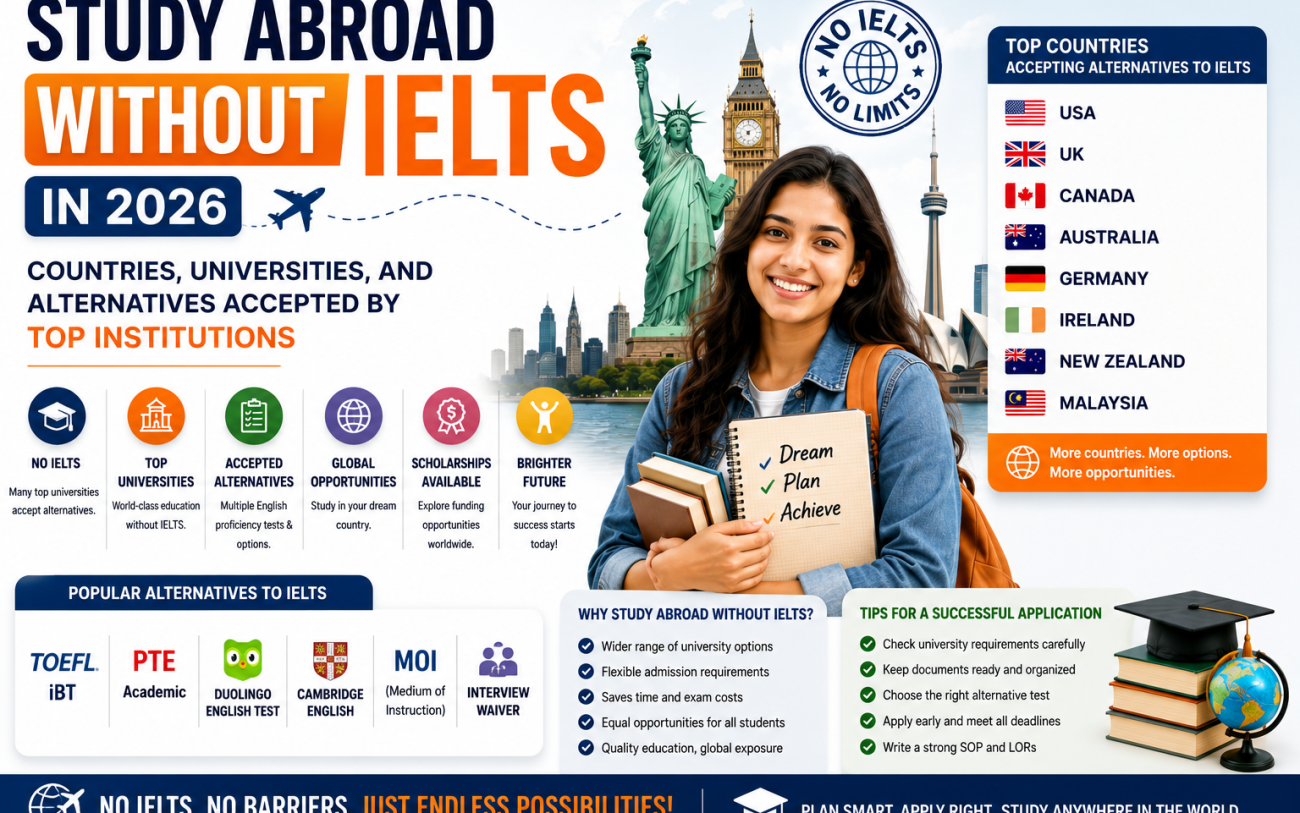 Indian student exploring study abroad opportunities without IELTS, featuring top study destinations, accepted English proficiency alternatives, scholarships, and international university landmarks.