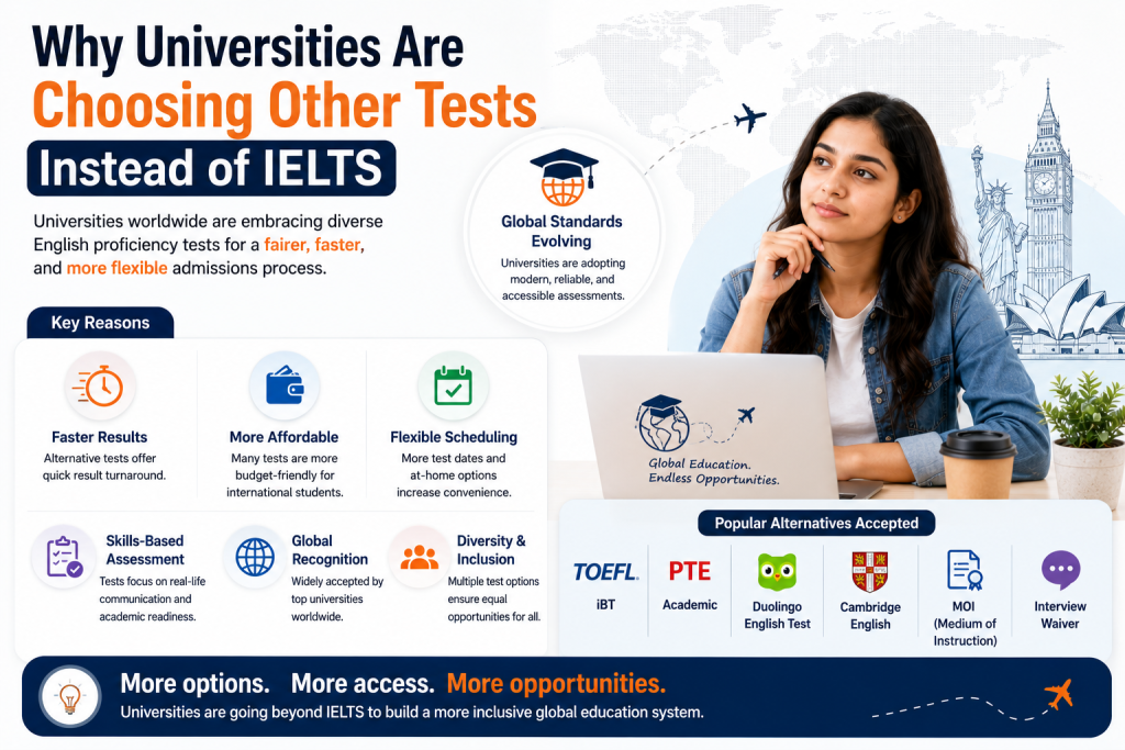 Illustration showing why universities are accepting English proficiency tests other than IELTS, featuring an Indian student, alternative exams such as TOEFL, PTE, Duolingo, Cambridge English, MOI, and interview assessments, alongside global education and university admission concepts.
