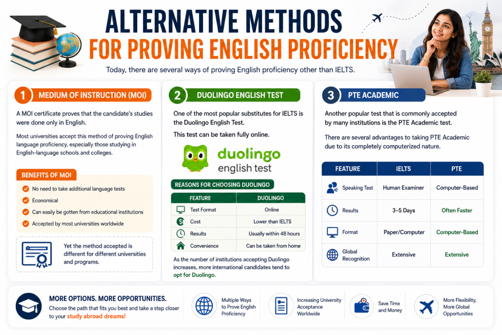 Illustration explaining alternative methods for proving English proficiency without IELTS, featuring Medium of Instruction (MOI), Duolingo English Test, and PTE Academic as accepted options for study abroad admissions.