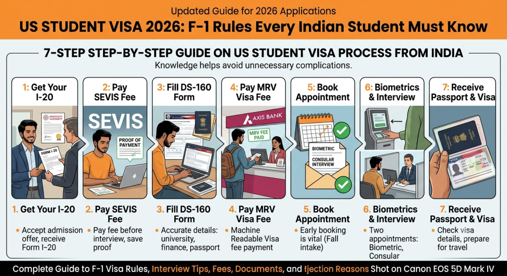 Infographic explaining the seven-step US F-1 student visa application process for Indian students in 2026, including I-20, SEVIS fee, DS-160 form, MRV fee, appointment booking, biometrics, visa interview, and passport collection.