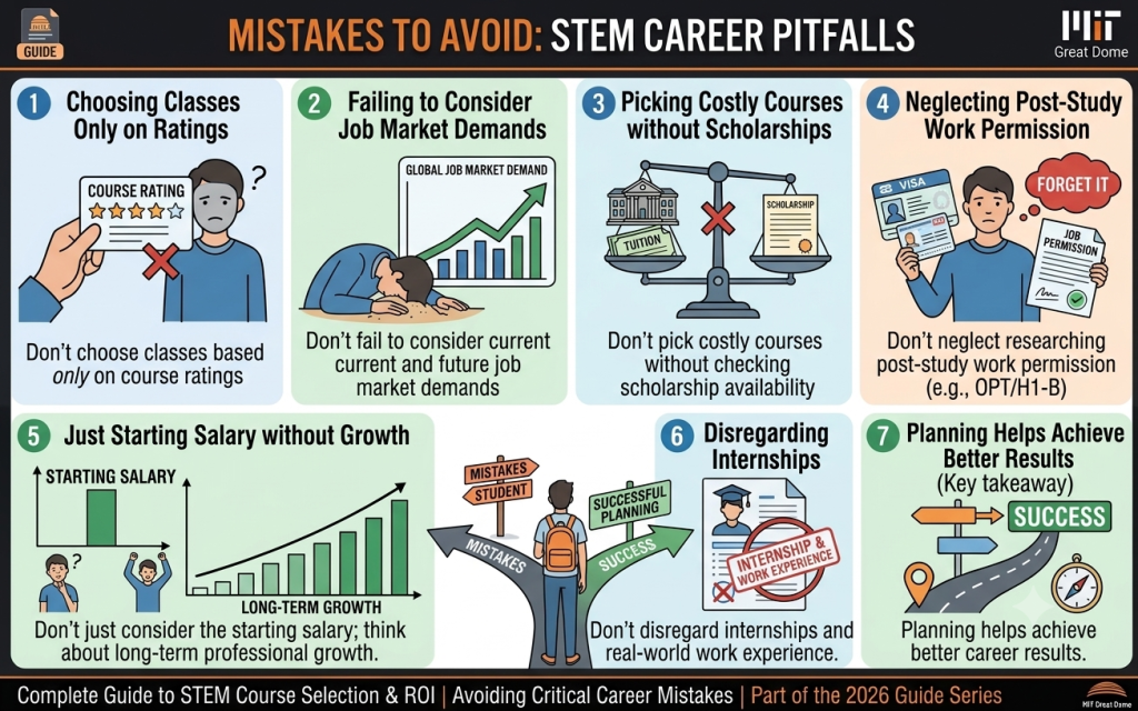 Infographic highlighting the biggest STEM study abroad mistakes to avoid in 2026, including choosing courses based only on rankings, ignoring job market demand, overlooking scholarships, neglecting post-study work visas, focusing only on starting salary, skipping internships, and failing to plan long-term career goals.