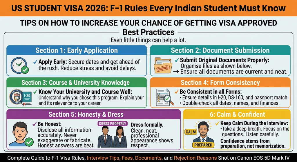 Infographic featuring the best F-1 student visa interview tips for Indian students in 2026, including applying early, organizing original documents, understanding the chosen university and course, maintaining form consistency, dressing professionally, being honest, and staying calm during the interview.