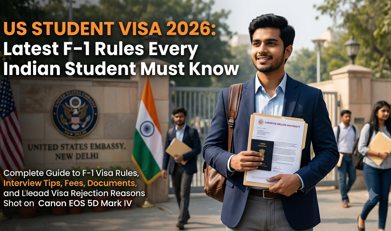 Indian student holding passport and university admission letter outside the US Embassy in New Delhi, representing the US F-1 student visa application process for Indian students in 2026.