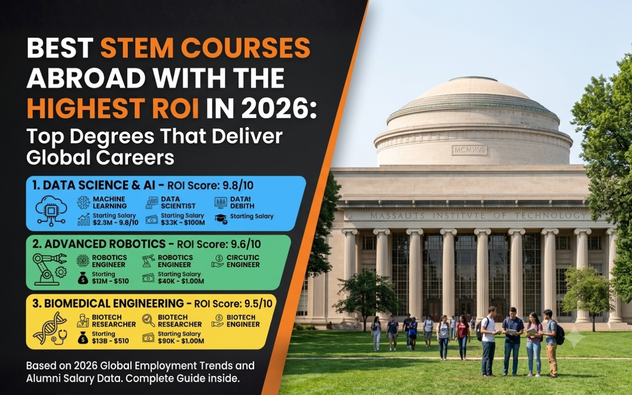 Featured image showcasing the best STEM courses abroad with the highest return on investment (ROI) in 2026, highlighting Data Science & AI, Advanced Robotics, and Biomedical Engineering alongside an international university campus.