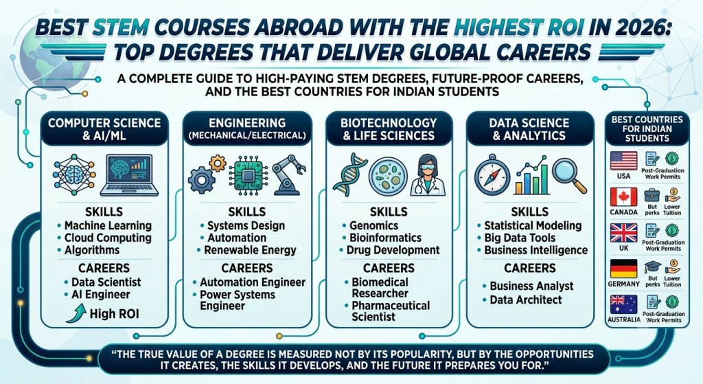Infographic highlighting the best foreign STEM courses with the highest return on investment (ROI) in 2026, featuring Data Science & AI, Advanced Robotics, Biomedical Engineering, global job demand, salary potential, ROI factors, and future career trends.